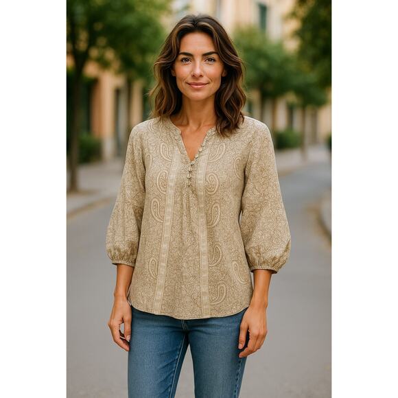 Pure Jill Paisley Organic Cotton 3/4 Sleeve Top Brown Womens Size Large - Picture 12 of 12